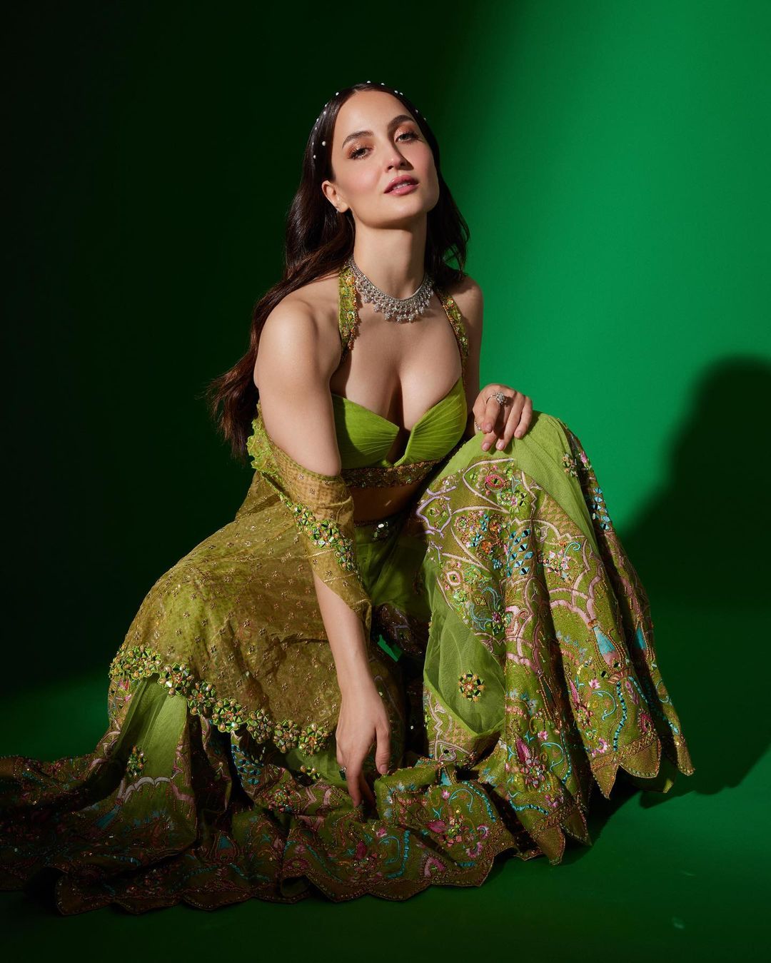 Indian Actress Elli AvrRam Pics in Green Lehenga Choli